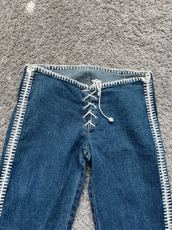 Vintage Rui Motta Women’s Brazilian Blue Lace-Up Side-Trim Flared Jeans Size 4/6 - Picture 3 of 10